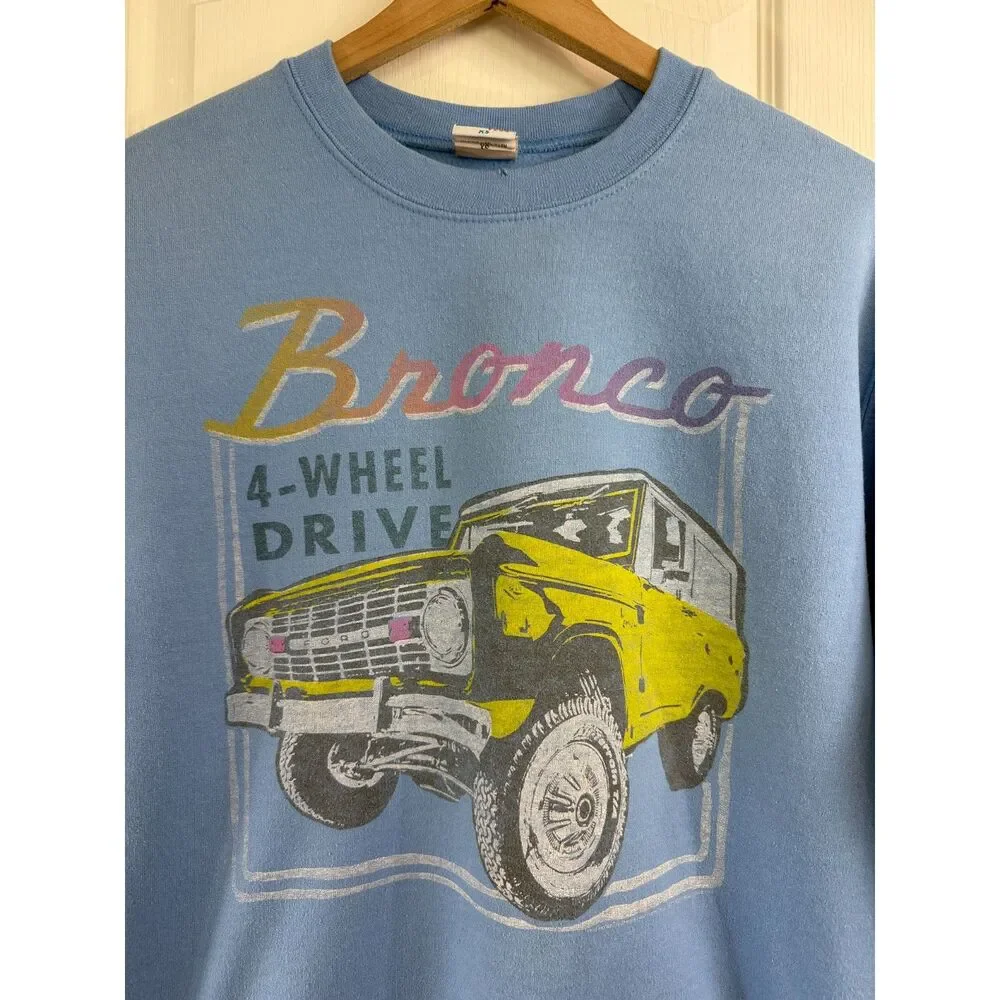 Junk Food Tees Bronco Sweatshirt XS Blue Ford 4 Wheel Drive Graphic Pullover
